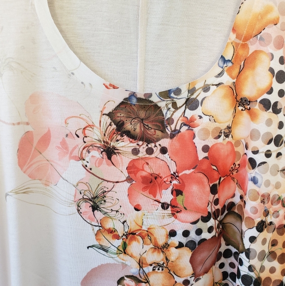 Decree Eclectic Orange Floral Polka-dot Graphic Printed Shark-bite Tunic Top - Picture 3 of 13